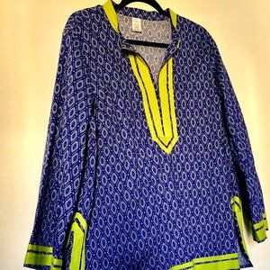 blue white ethnic tunic with lime green trim 2xl